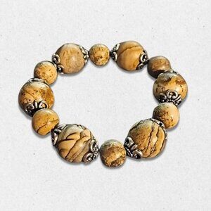 Agate Marble Stone Bracelet Silver Tone Spacers Stretch Design Brown Women's OS